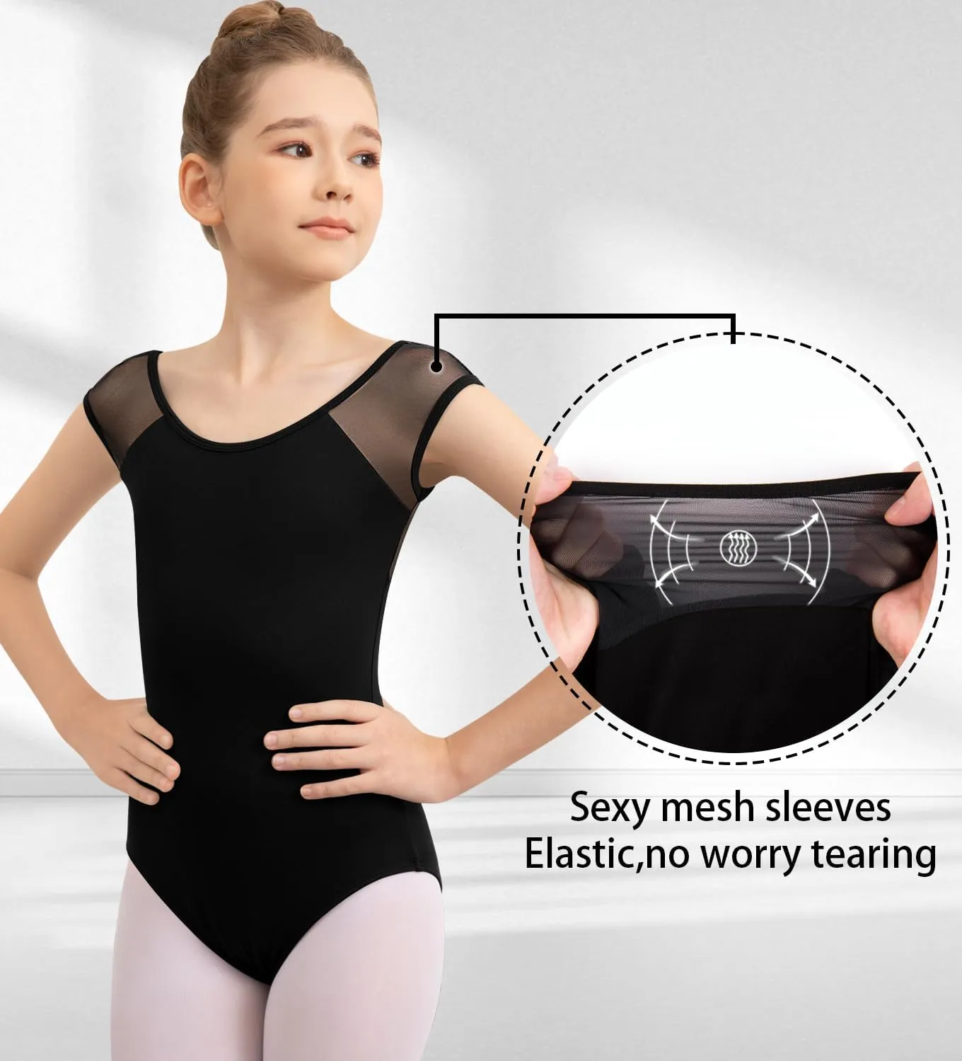 Girls Dance Ballet Leotard Mesh Cap Sleeve,Cute V-Shaped Mesh Back