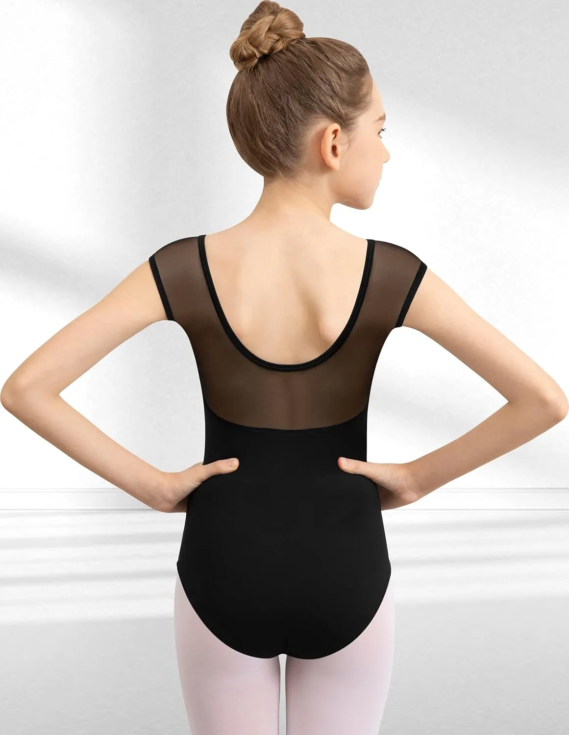 Girls Dance Ballet Leotard Mesh Cap Sleeve,Cute V-Shaped Mesh Back