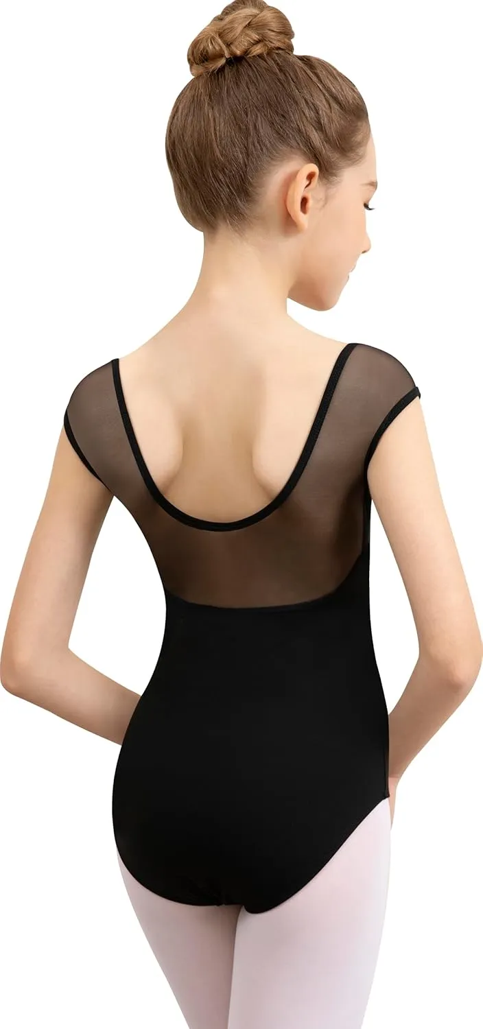 Girls Dance Ballet Leotard Mesh Cap Sleeve,Cute V-Shaped Mesh Back