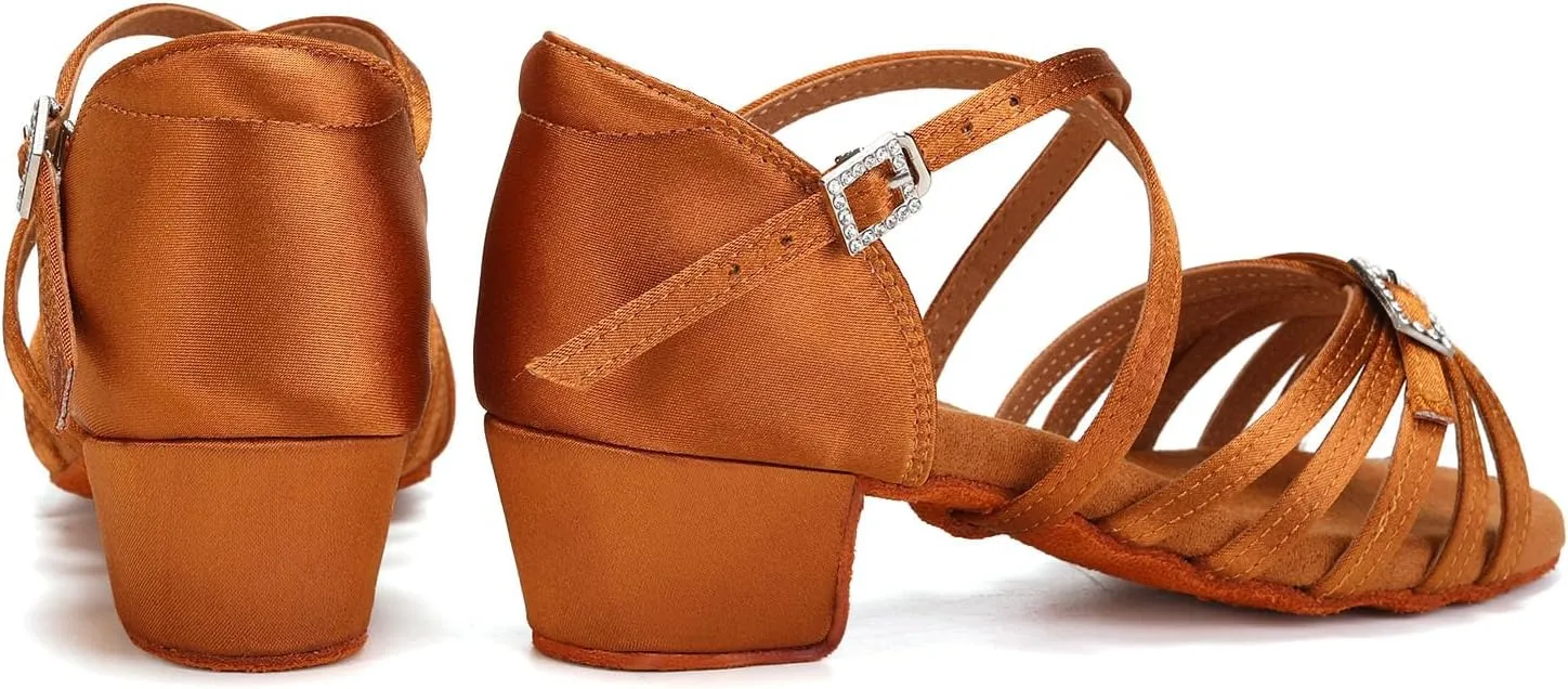 Girls Latin Dance Shoes Tan Low Heel Ballroom Tango Salsa Performance Practice Dancing Shoes
