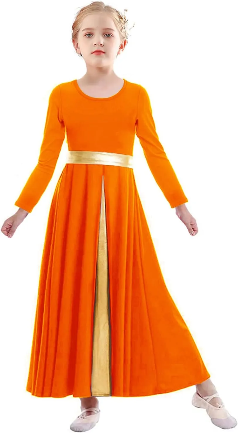 Girls Long Sleeve Praise Dance Dress Swing Skirt Liturgical Worship Costume Church Robe Dancewear