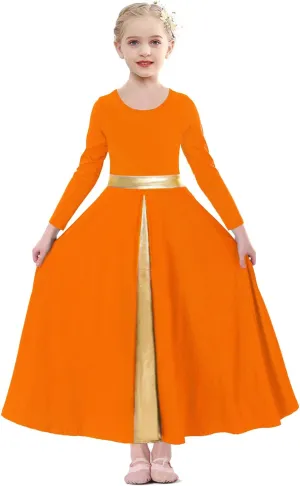 Girls Long Sleeve Praise Dance Dress Swing Skirt Liturgical Worship Costume Church Robe Dancewear