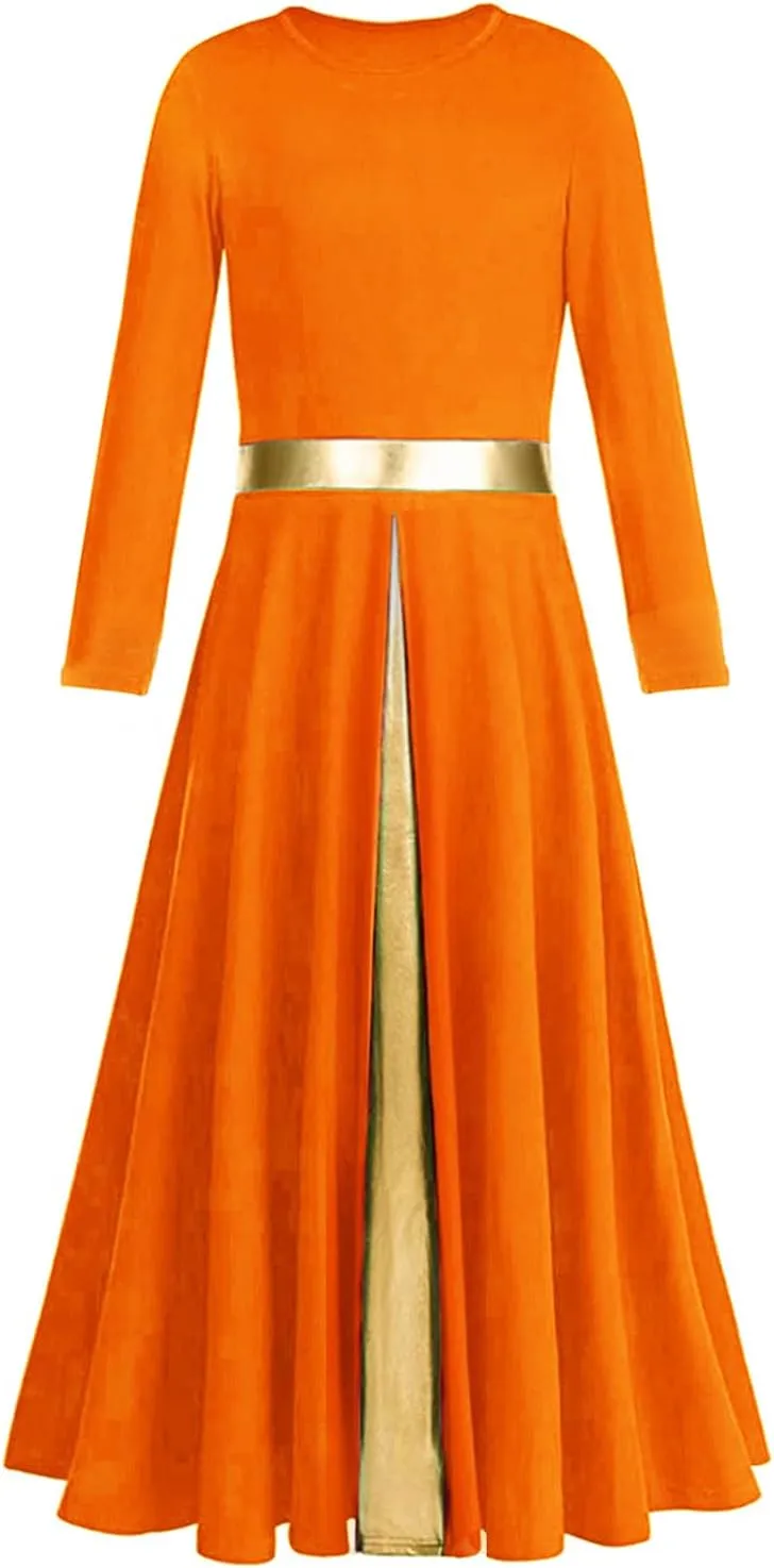 Girls Long Sleeve Praise Dance Dress Swing Skirt Liturgical Worship Costume Church Robe Dancewear