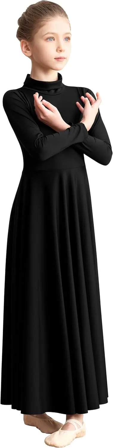 Girls Praise Dance Dress Long Sleeve Worship Church Dancewear Liturgical High Neck Costume,Upper Lining