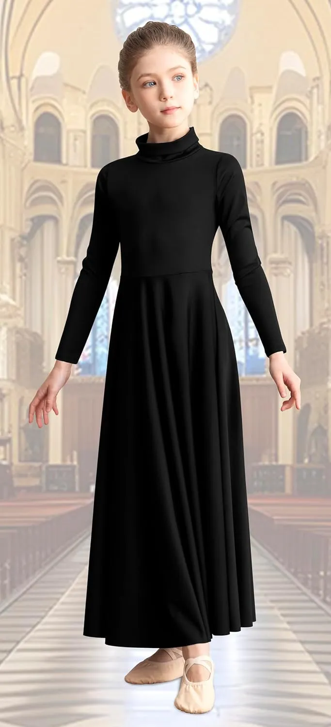 Girls Praise Dance Dress Long Sleeve Worship Church Dancewear Liturgical High Neck Costume,Upper Lining