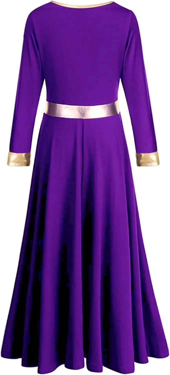 Girls Praise Dance Dress Metallic Gold Liturgical Worship Church Robe Full Length Swing Lyrical Costume