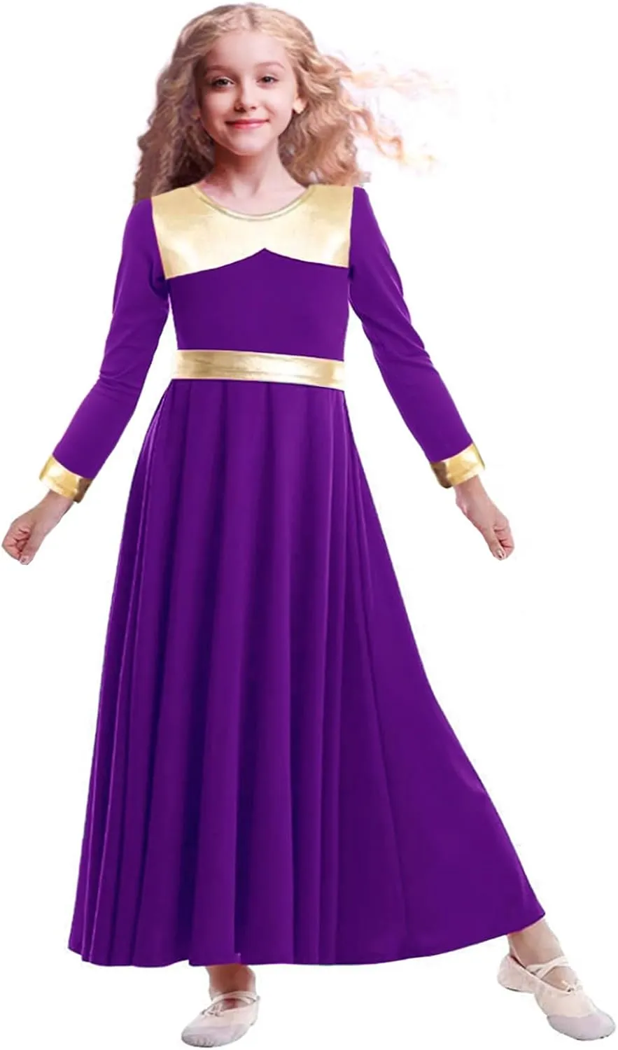 Girls Praise Dance Dress Metallic Gold Liturgical Worship Church Robe Full Length Swing Lyrical Costume