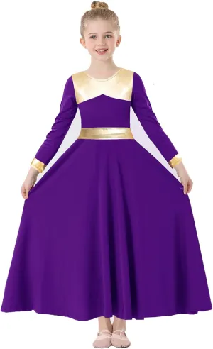Girls Praise Dance Dress Metallic Gold Liturgical Worship Church Robe Full Length Swing Lyrical Costume