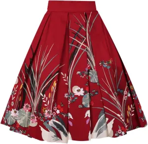 Girstunm Women's Pleated Vintage Skirt Floral Print A-line Midi Skirts with Pockets
