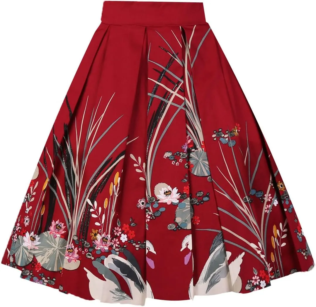 Girstunm Women's Pleated Vintage Skirt Floral Print A-line Midi Skirts with Pockets
