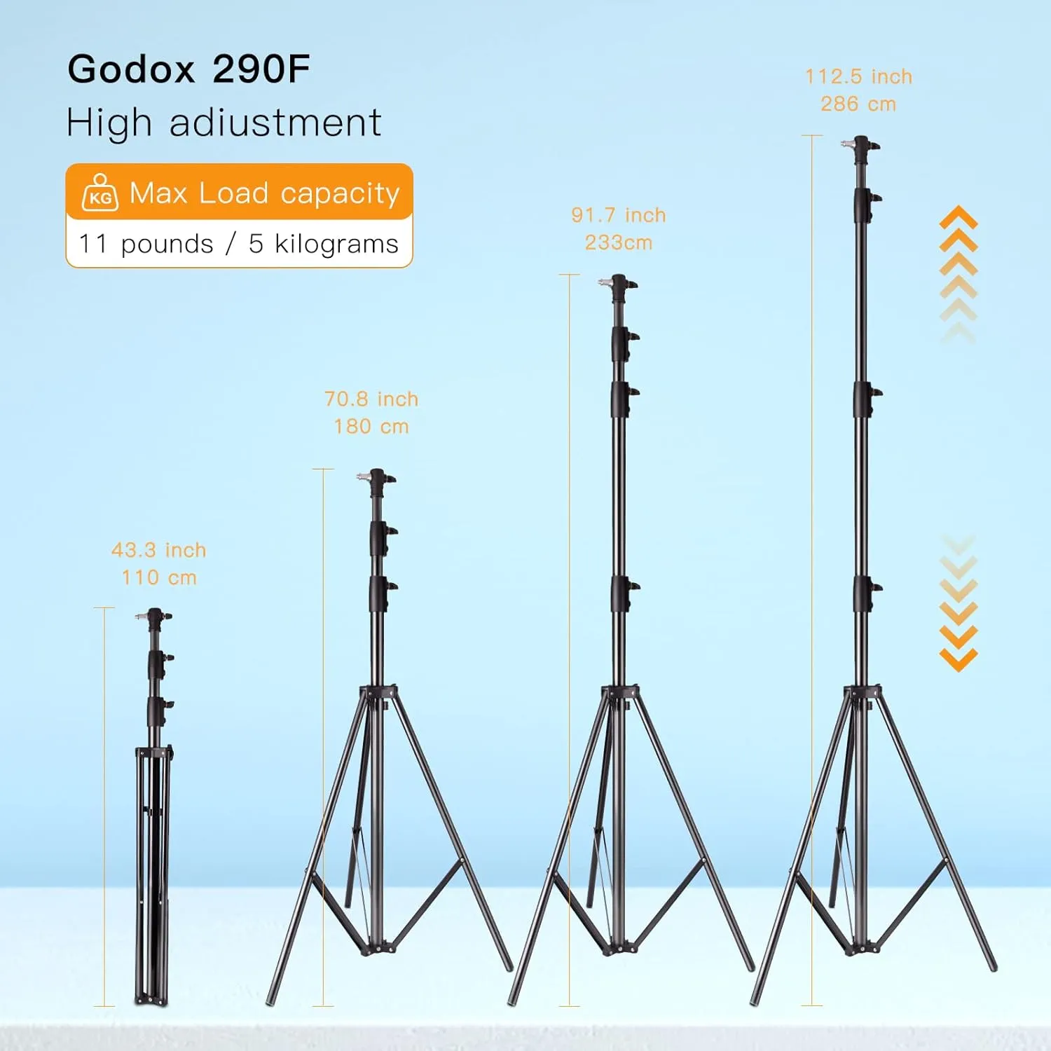 Godox Heavy Duty Aluminum Photography Light Tripod Stand for Studio Photography Lighting, Backgrounds, Monolights, Strobe Flash - 286CM, 112 Inches