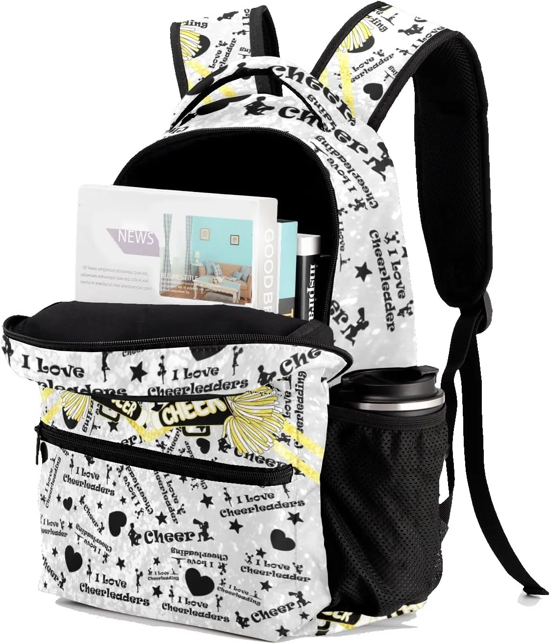 Golden Cheer Yellow Cheerleaders Backpack Personalized Casual Daypack for Kids Child Student Bookbag with 2 Side Pockets Daypack for Men Women
