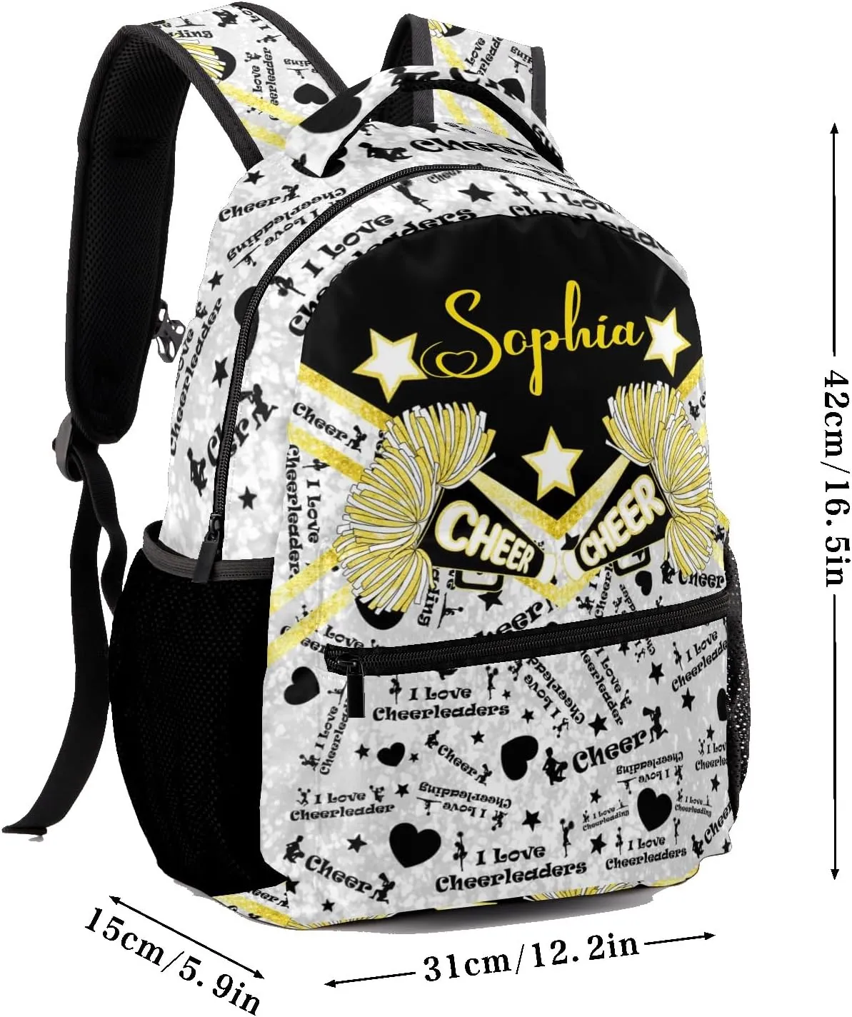 Golden Cheer Yellow Cheerleaders Backpack Personalized Casual Daypack for Kids Child Student Bookbag with 2 Side Pockets Daypack for Men Women