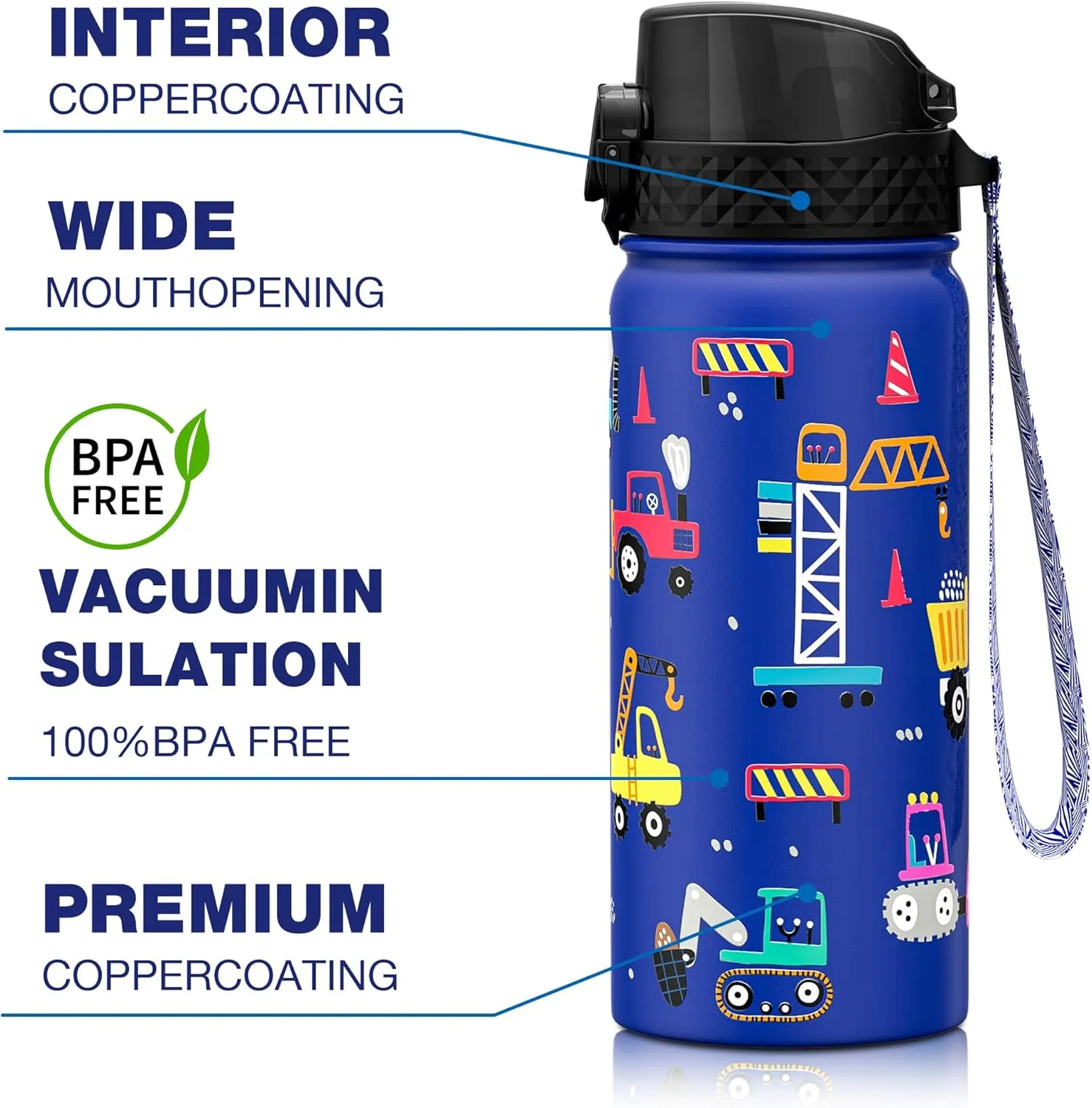 GOPPUS Kids Water Bottle (Straw Lid) - 18 Oz Stainless Steel Travel Bottle, Double Wall Vacuum Leak Proof Kids Cup for School Boys Girls,Blue engineering car