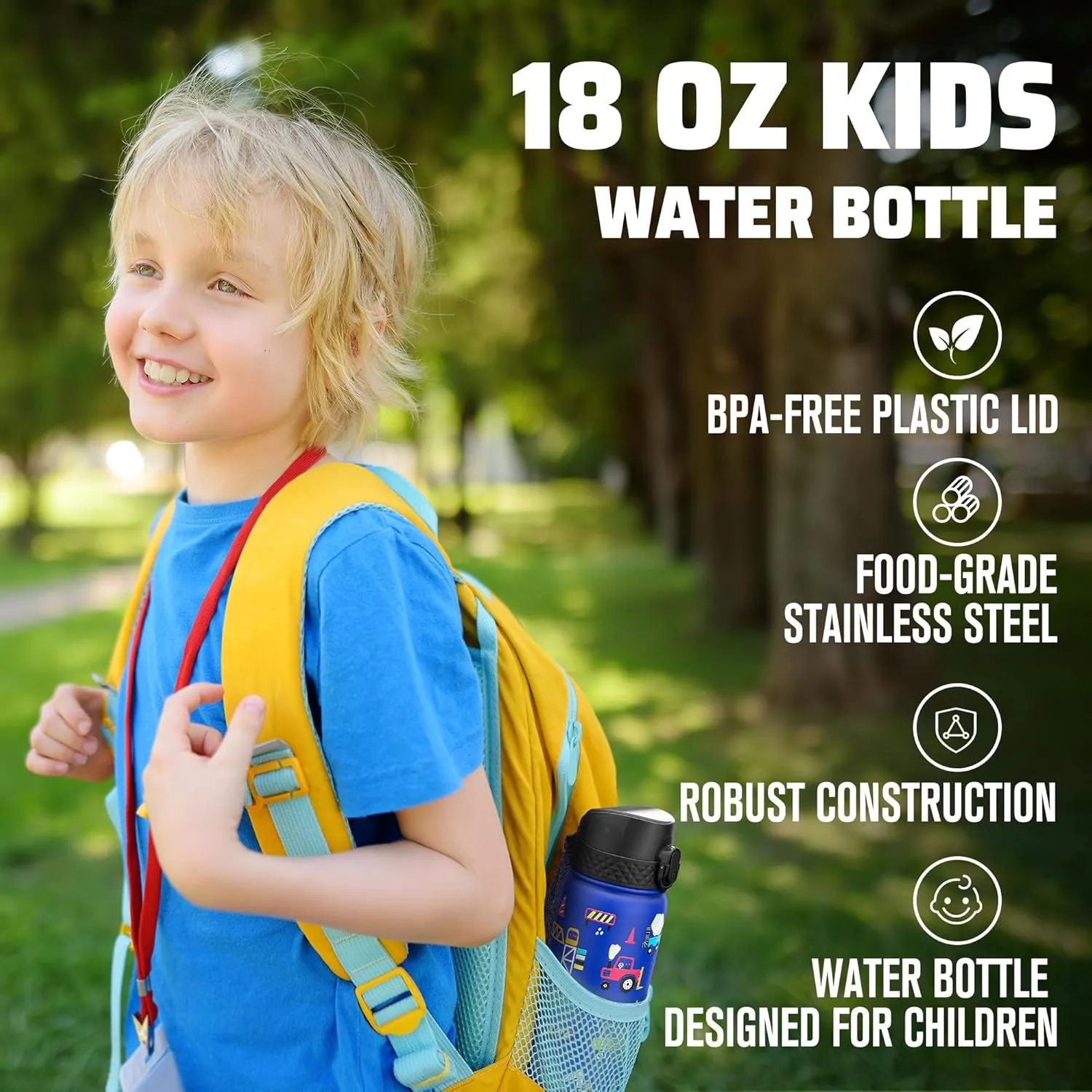 GOPPUS Kids Water Bottle (Straw Lid) - 18 Oz Stainless Steel Travel Bottle, Double Wall Vacuum Leak Proof Kids Cup for School Boys Girls,Blue engineering car