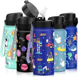 GOPPUS Kids Water Bottle (Straw Lid) - 18 Oz Stainless Steel Travel Bottle, Double Wall Vacuum Leak Proof Kids Cup for School Boys Girls,Blue engineering car
