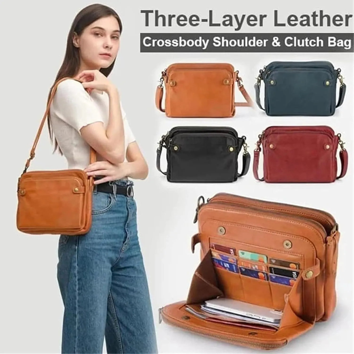 Gpmsign Crossbody Bag, 2024 New Gpmsign 3 Layer Crossbody Leather Shoulder Bags with Built Compartments
