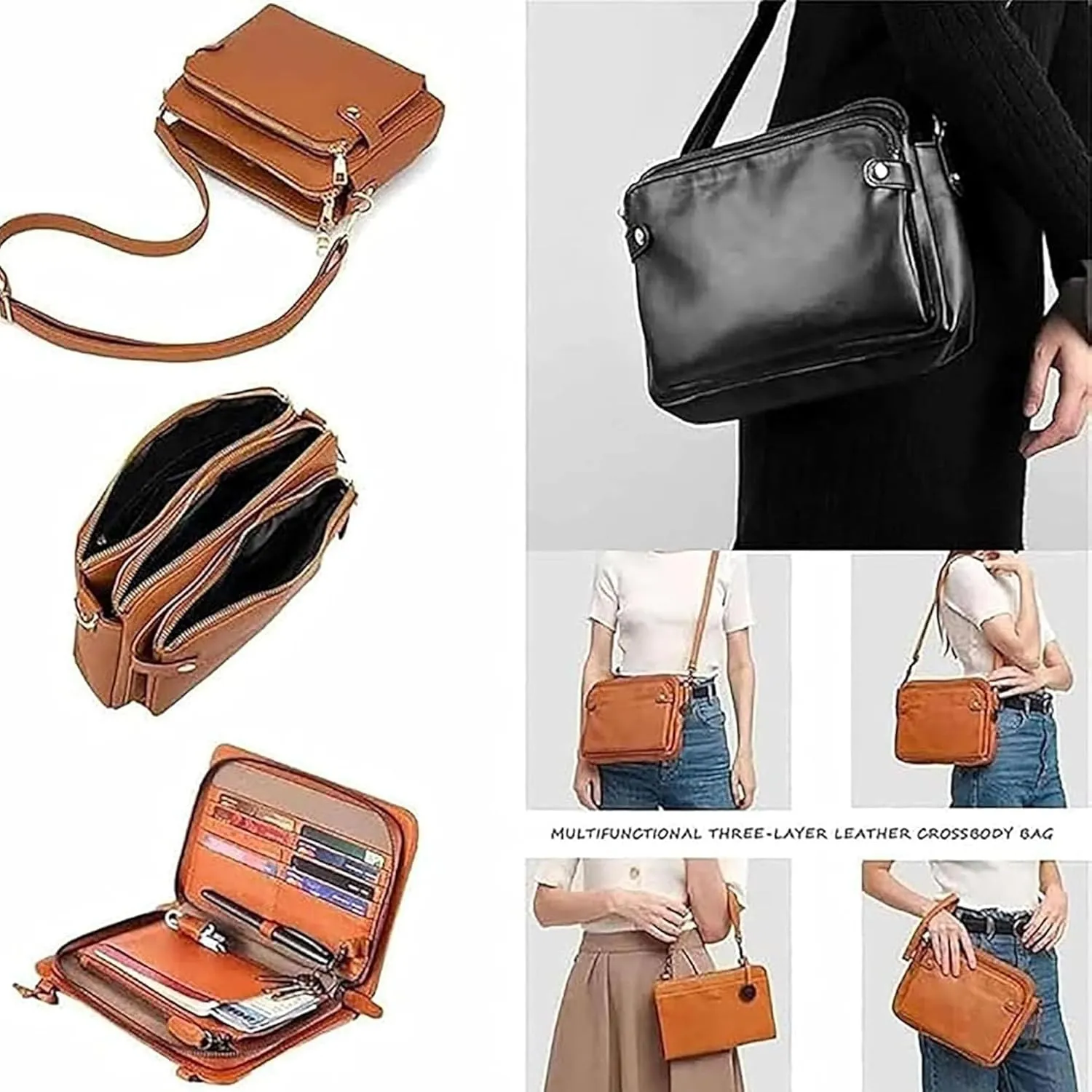 Gpmsign Crossbody Bag, 2024 New Gpmsign 3 Layer Crossbody Leather Shoulder Bags with Built Compartments