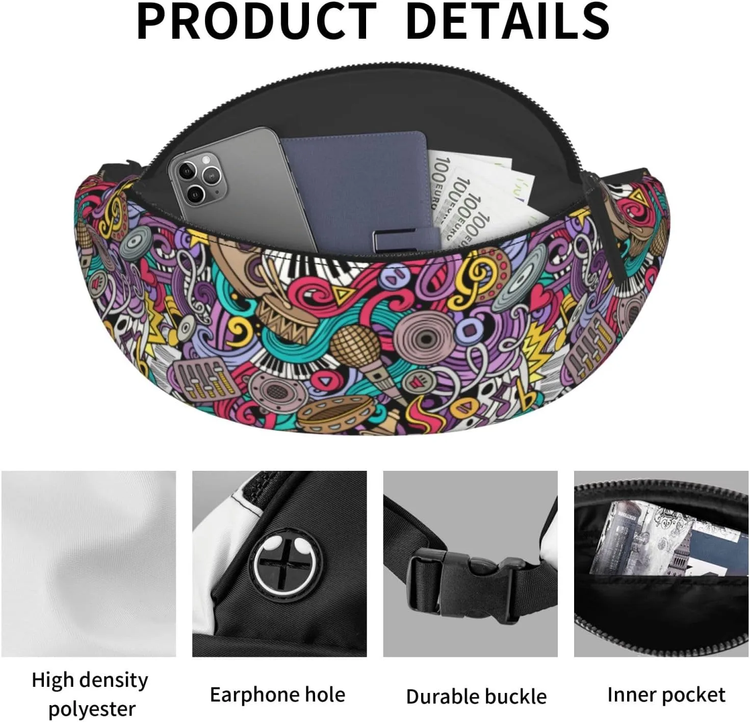 Graffiti Instrument Music 80s 90s Microphone Fashion Casual Fanny Pack Waist Bag Men Women Adjustable Belt Waist Bag For Travel Hiking Cycling Running Festival Carnival