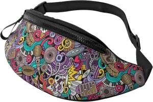 Graffiti Instrument Music 80s 90s Microphone Fashion Casual Fanny Pack Waist Bag Men Women Adjustable Belt Waist Bag For Travel Hiking Cycling Running Festival Carnival