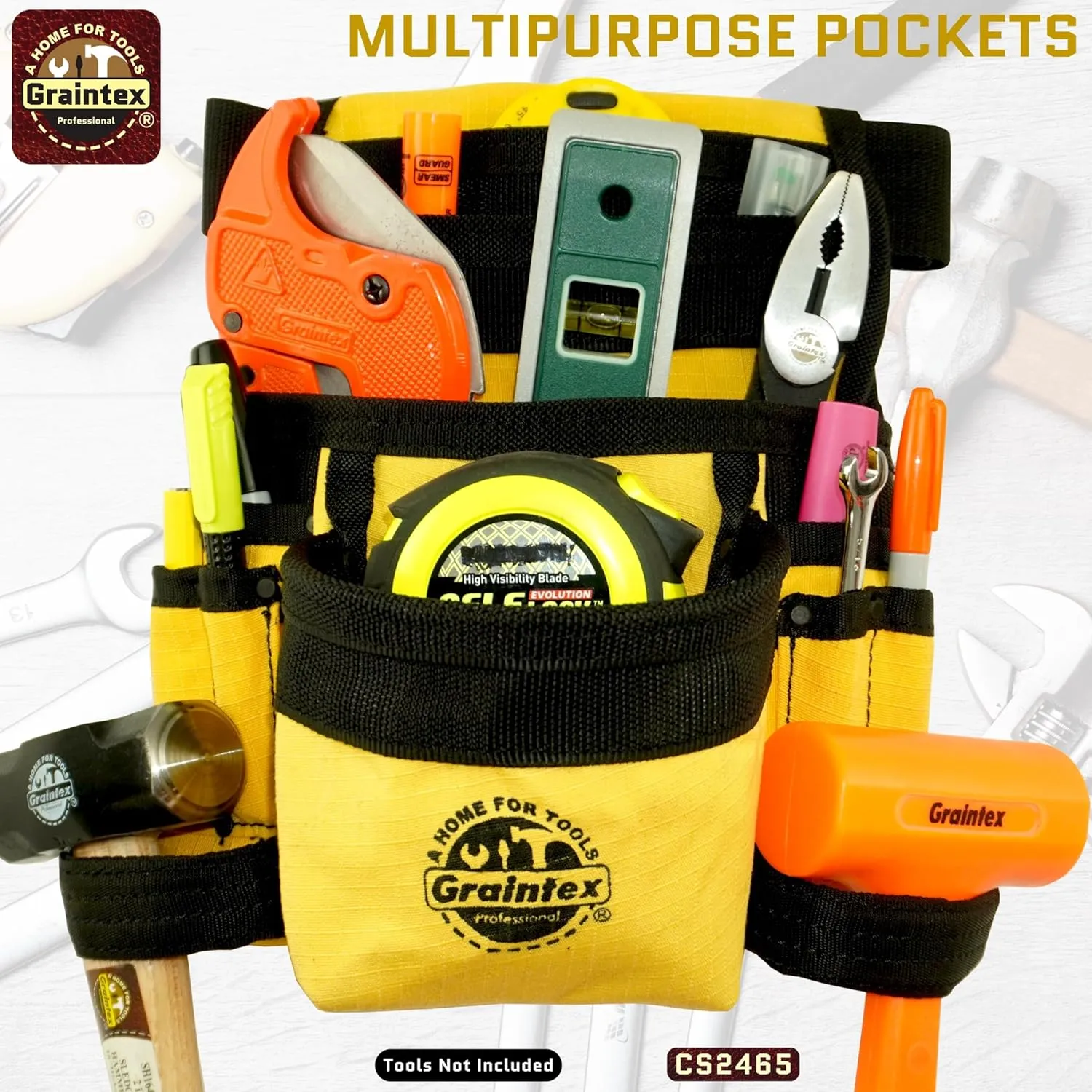 Graintex CS2465 10 Pocket Finisher Canvas Tool Pouch Yellow Color, 2” Webbing Belt, Multipurpose Tool Bag for Tools, Electrician Tools, Tool Pouch Bag for Plumbers, Carpenter Pouch