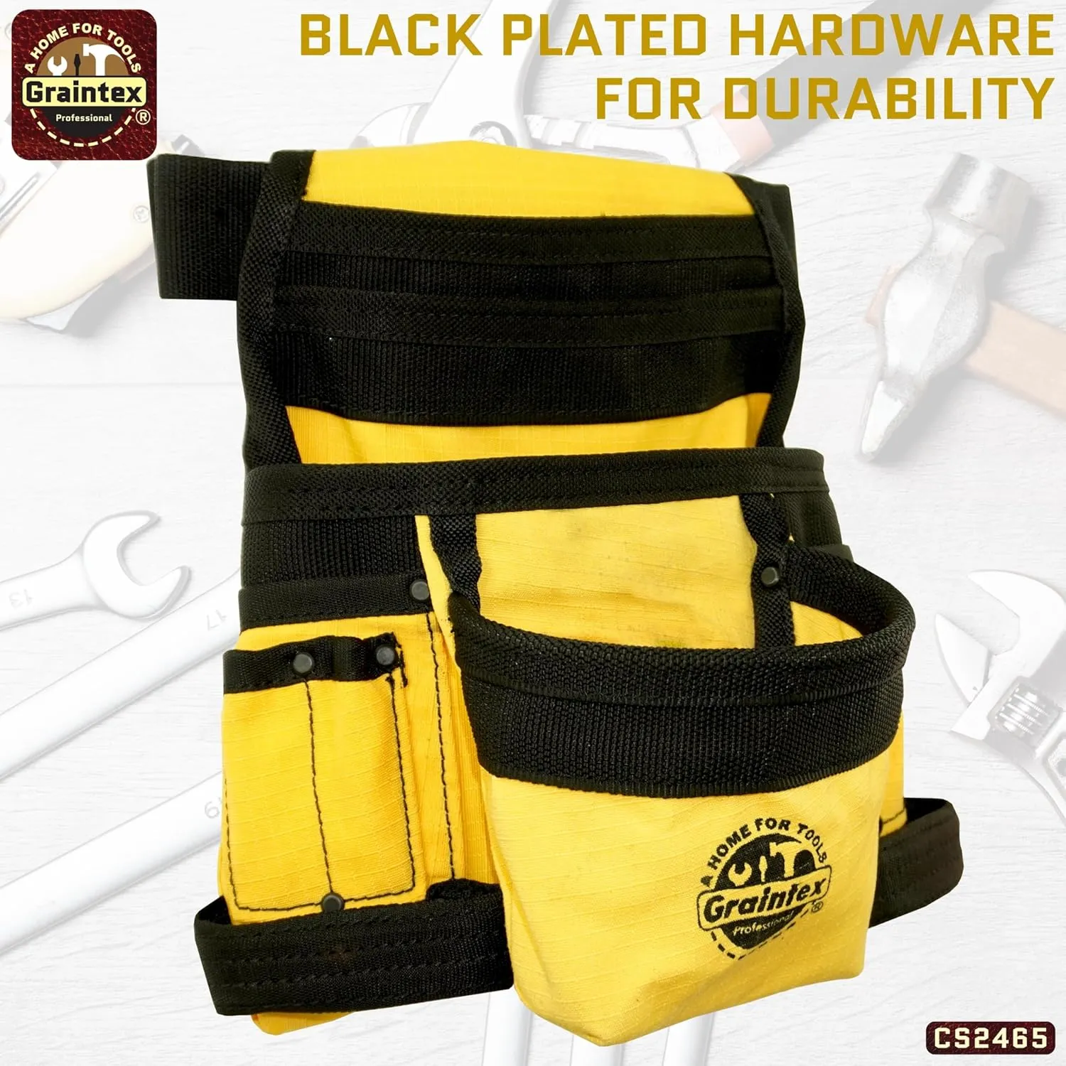Graintex CS2465 10 Pocket Finisher Canvas Tool Pouch Yellow Color, 2” Webbing Belt, Multipurpose Tool Bag for Tools, Electrician Tools, Tool Pouch Bag for Plumbers, Carpenter Pouch