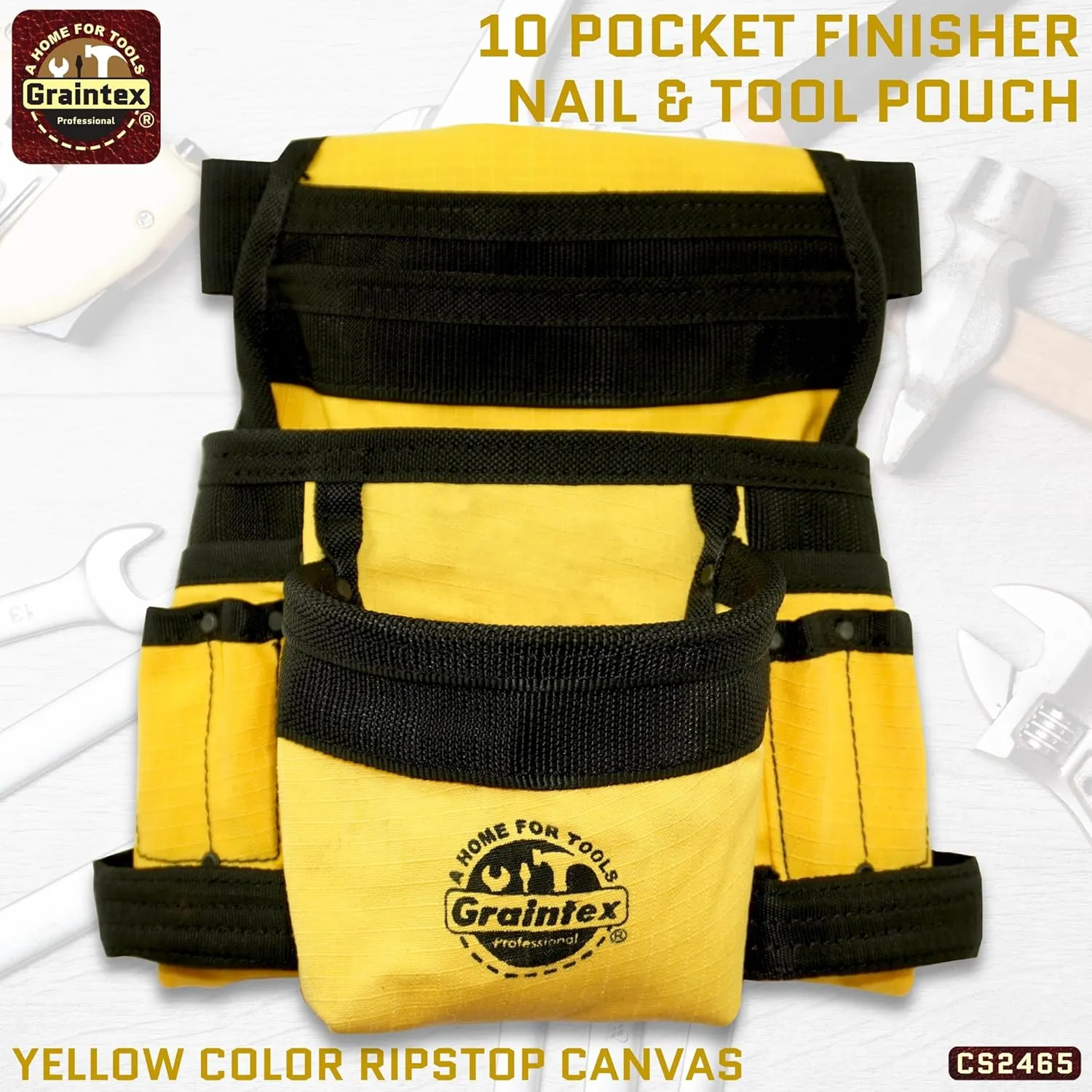 Graintex CS2465 10 Pocket Finisher Canvas Tool Pouch Yellow Color, 2” Webbing Belt, Multipurpose Tool Bag for Tools, Electrician Tools, Tool Pouch Bag for Plumbers, Carpenter Pouch