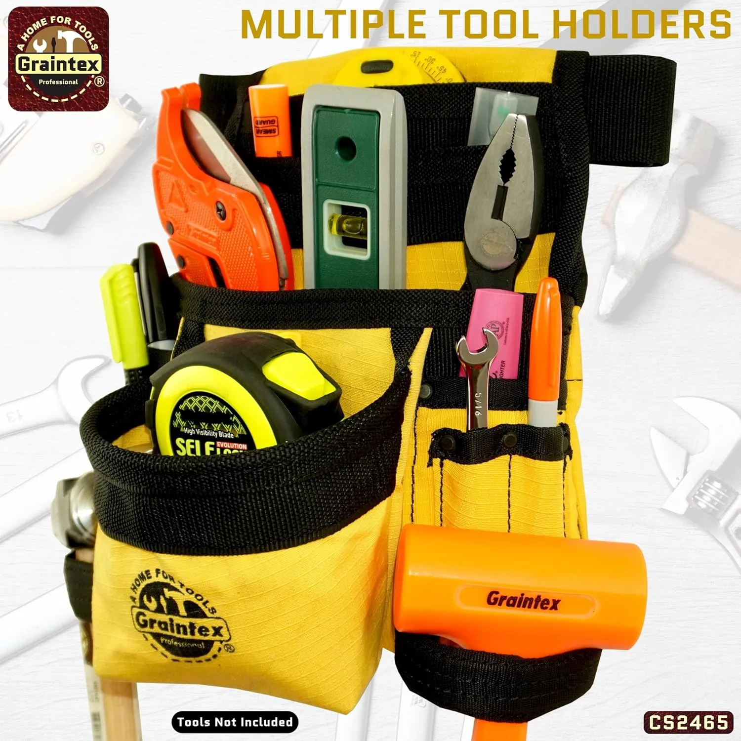 Graintex CS2465 10 Pocket Finisher Canvas Tool Pouch Yellow Color, 2” Webbing Belt, Multipurpose Tool Bag for Tools, Electrician Tools, Tool Pouch Bag for Plumbers, Carpenter Pouch