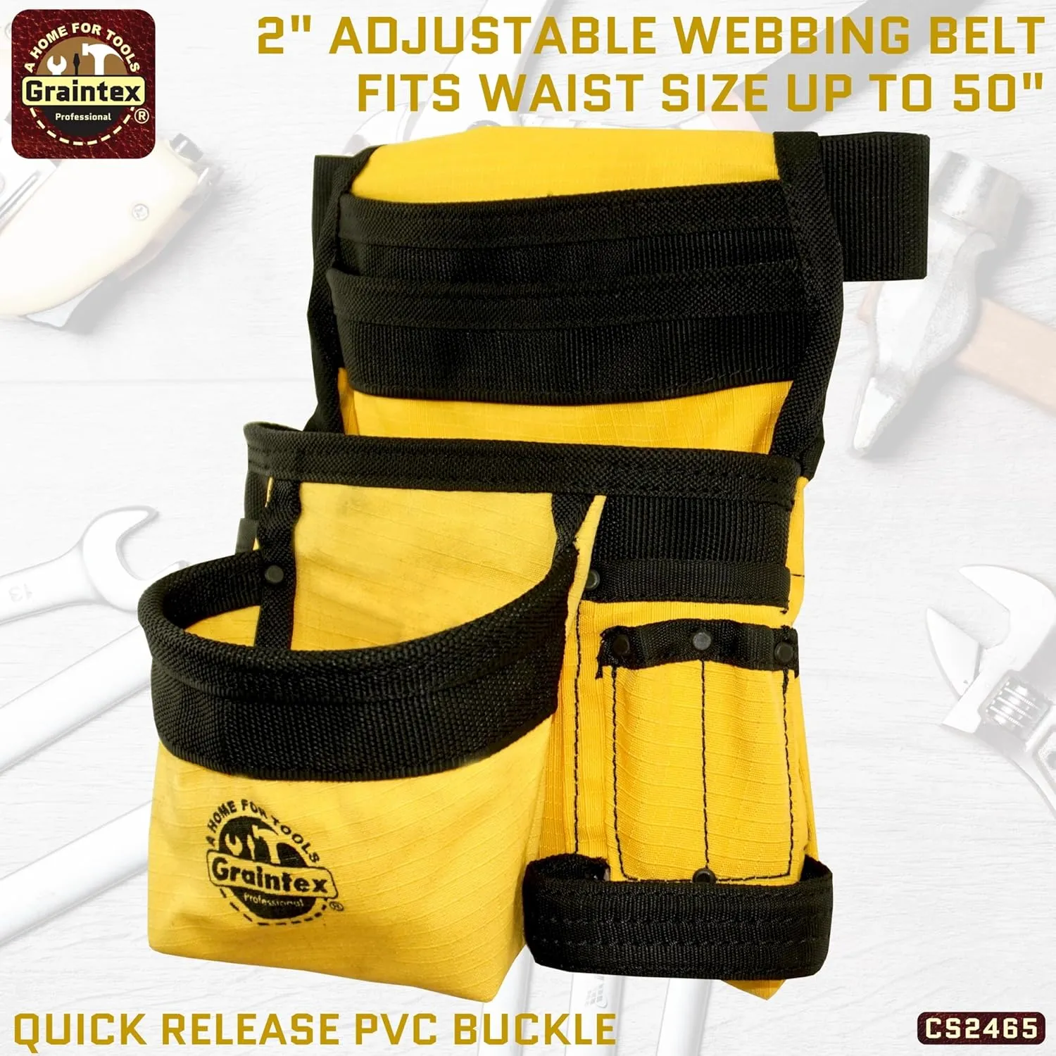 Graintex CS2465 10 Pocket Finisher Canvas Tool Pouch Yellow Color, 2” Webbing Belt, Multipurpose Tool Bag for Tools, Electrician Tools, Tool Pouch Bag for Plumbers, Carpenter Pouch