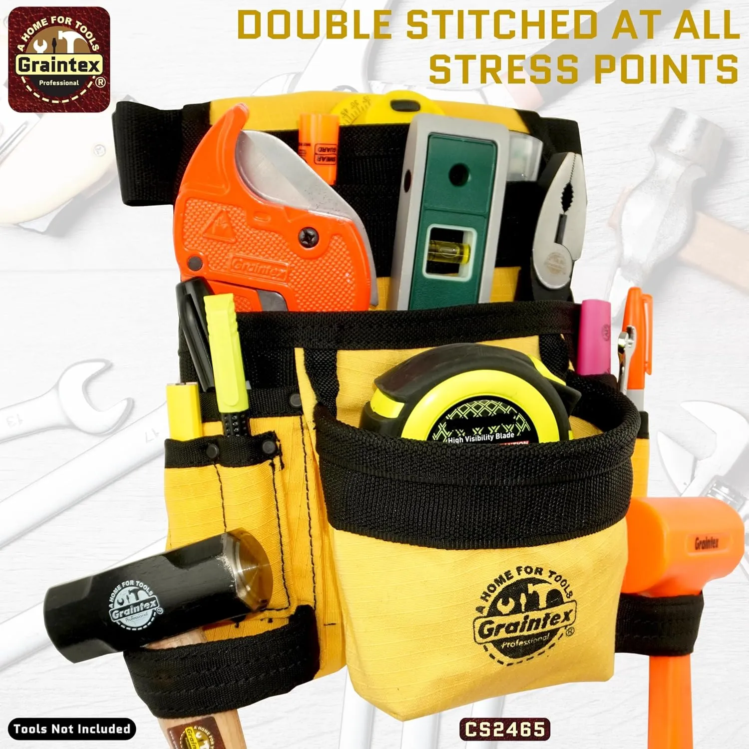 Graintex CS2465 10 Pocket Finisher Canvas Tool Pouch Yellow Color, 2” Webbing Belt, Multipurpose Tool Bag for Tools, Electrician Tools, Tool Pouch Bag for Plumbers, Carpenter Pouch