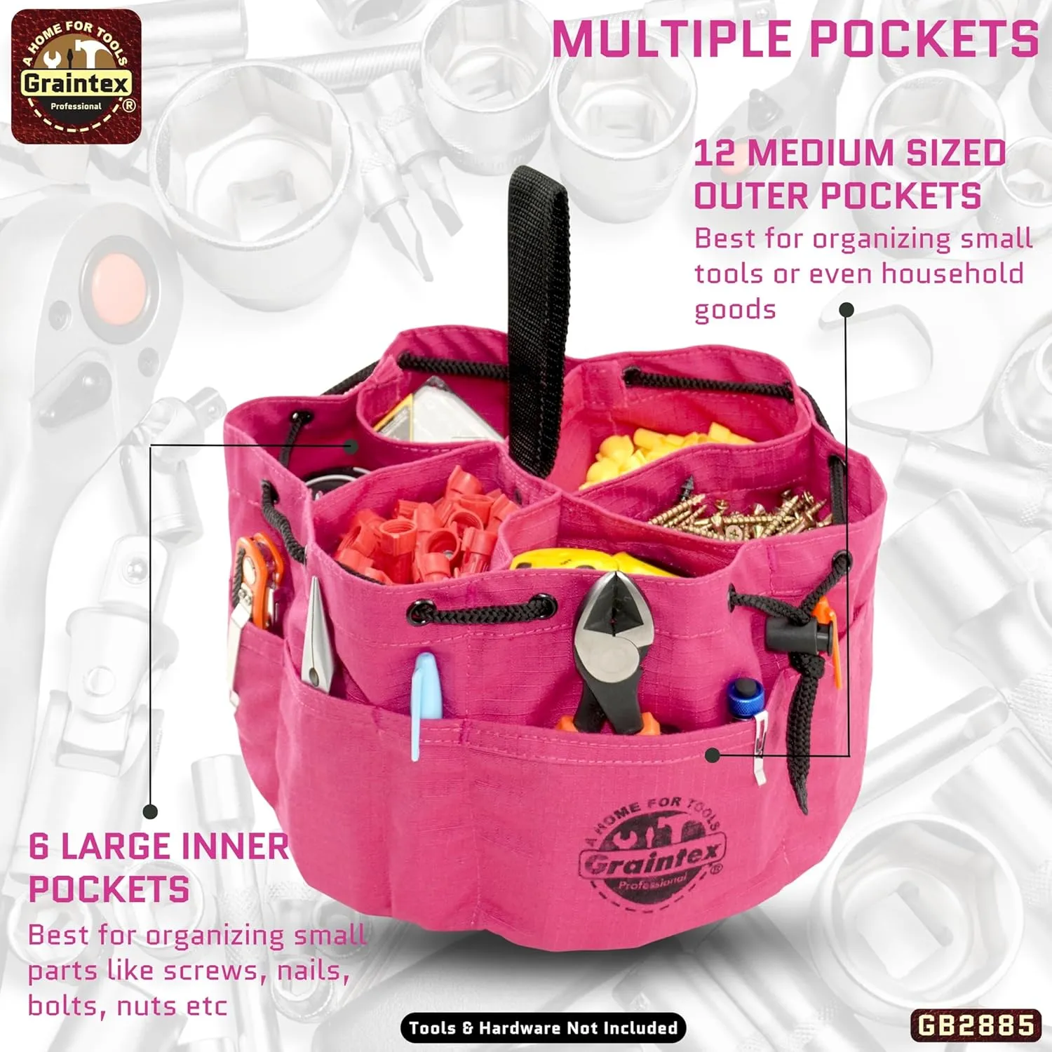 Graintex GB2885 18 Pockets Grab Bag Pink Color Rip-stop Canvas Drawstring Closure, Small Parts Organizer Bag, Parachute Bag for Screws, Small Tools, Small Parts, Parachute Tool Bag