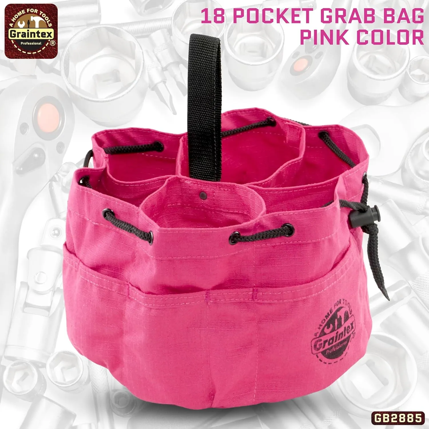 Graintex GB2885 18 Pockets Grab Bag Pink Color Rip-stop Canvas Drawstring Closure, Small Parts Organizer Bag, Parachute Bag for Screws, Small Tools, Small Parts, Parachute Tool Bag