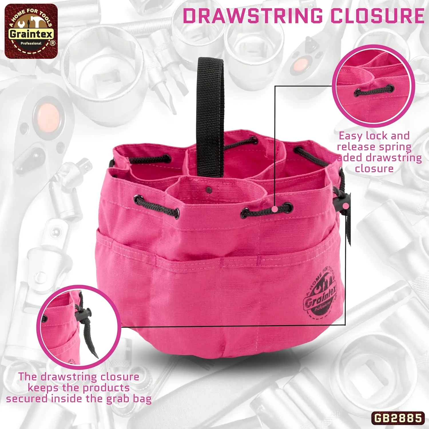Graintex GB2885 18 Pockets Grab Bag Pink Color Rip-stop Canvas Drawstring Closure, Small Parts Organizer Bag, Parachute Bag for Screws, Small Tools, Small Parts, Parachute Tool Bag