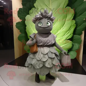 Gray Cabbage Leaf mascot costume character dressed with a A-Line Skirt and Handbags, Large