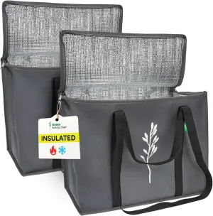 Green Bulldog 2Pack Insulated Grocery Bags – Foldable Reusable Cooler Bags with Handles for Everyday Use, Groceries, Food Delivery, and Shopping – 16”x9”x13”, Gray