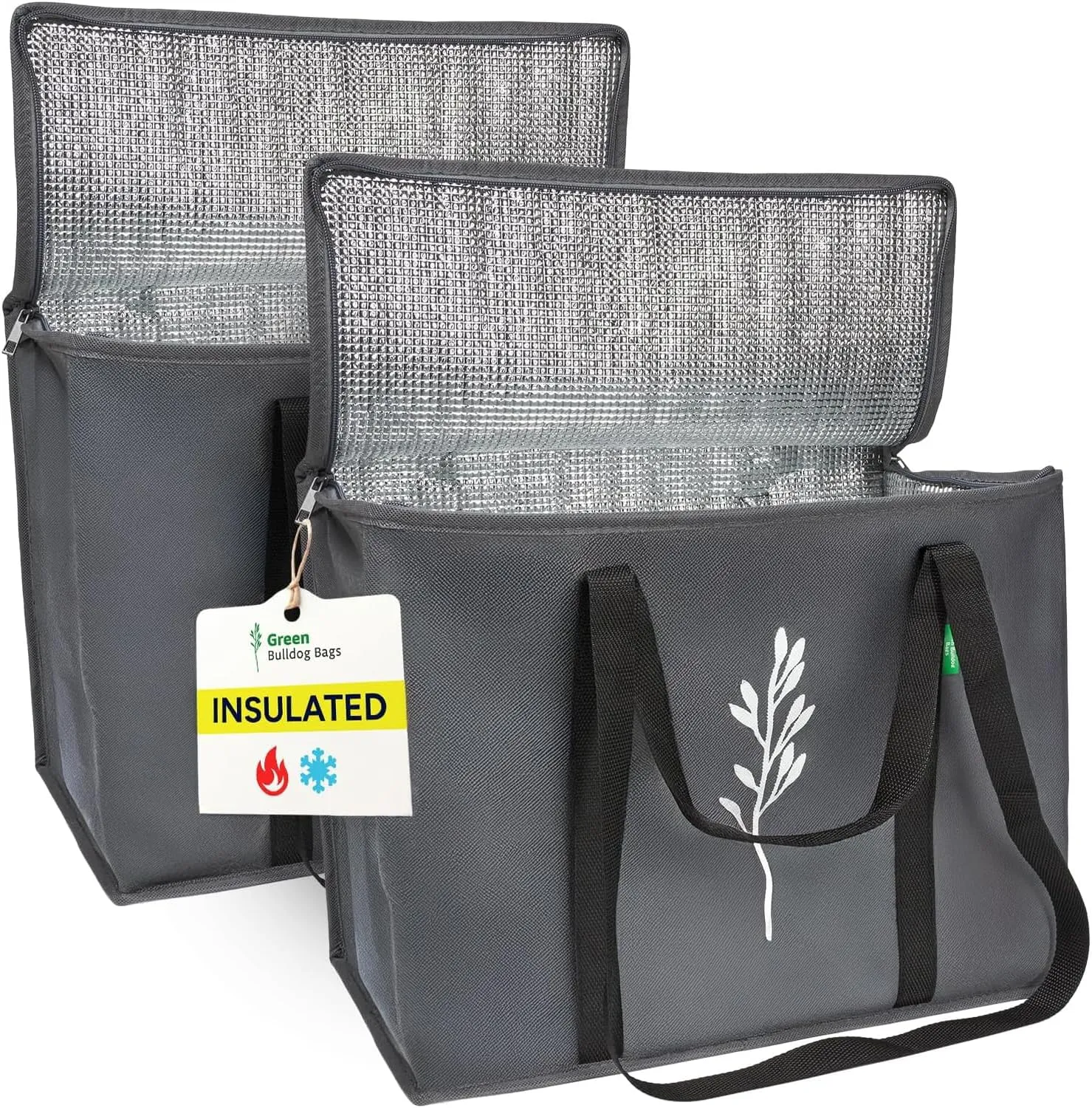 Green Bulldog 2Pack Insulated Grocery Bags – Foldable Reusable Cooler Bags with Handles for Everyday Use, Groceries, Food Delivery, and Shopping – 16”x9”x13”, Gray