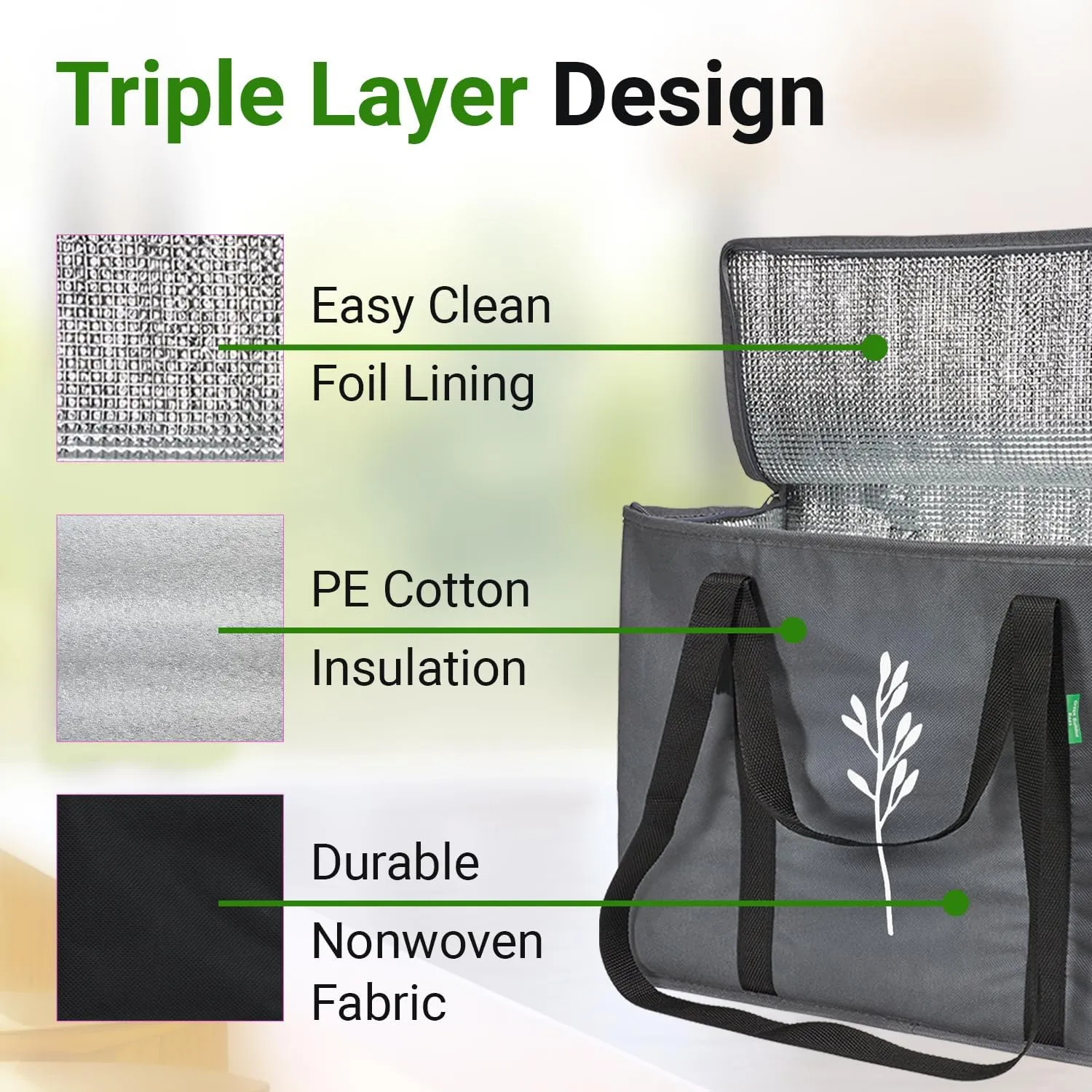 Green Bulldog 2Pack Insulated Grocery Bags – Foldable Reusable Cooler Bags with Handles for Everyday Use, Groceries, Food Delivery, and Shopping – 16”x9”x13”, Gray