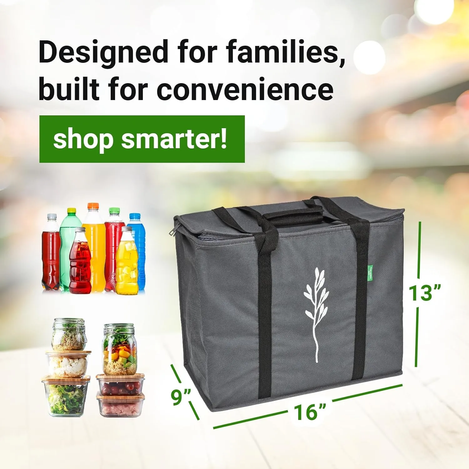 Green Bulldog 2Pack Insulated Grocery Bags – Foldable Reusable Cooler Bags with Handles for Everyday Use, Groceries, Food Delivery, and Shopping – 16”x9”x13”, Gray