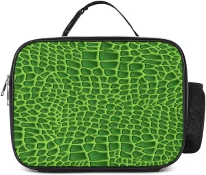 Green Crocodile Lizard Skin Reusable Lunch Bag Portable Lunch Box Insulated Cooler Bags with Holder for Adult