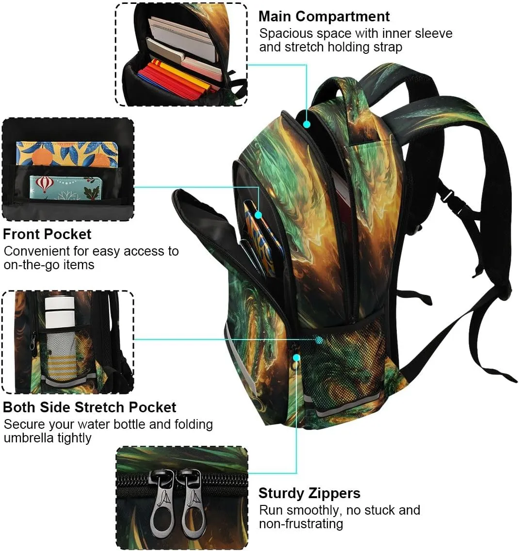Green Fire Dragon2 Backpack Schoolbag for Boys Girls Elementary School Bookbag Travel Bag Casual Daypack Rucksack for Students