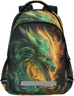 Green Fire Dragon2 Backpack Schoolbag for Boys Girls Elementary School Bookbag Travel Bag Casual Daypack Rucksack for Students