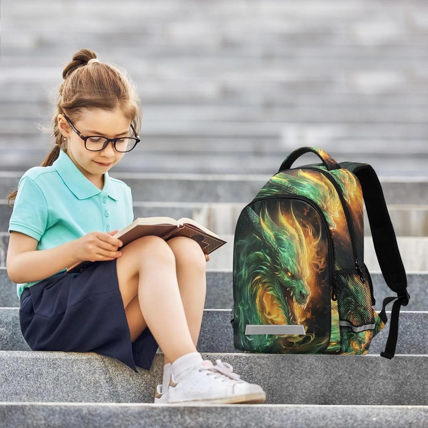 Green Fire Dragon2 Backpack Schoolbag for Boys Girls Elementary School Bookbag Travel Bag Casual Daypack Rucksack for Students