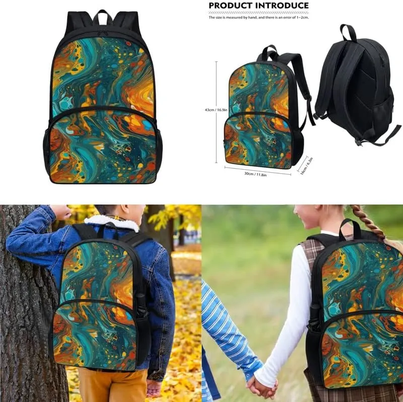 Green Yellow Marble Middle School Bookbag 3 Piece Set Fluid Painting Colorful Schoolbag/Crossbody Lunch Bag/Pencil Bag Students School Bag Packs Satchel for Schoolbag Kids