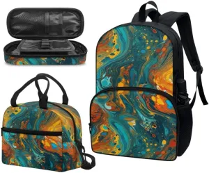 Green Yellow Marble Middle School Bookbag 3 Piece Set Fluid Painting Colorful Schoolbag/Crossbody Lunch Bag/Pencil Bag Students School Bag Packs Satchel for Schoolbag Kids