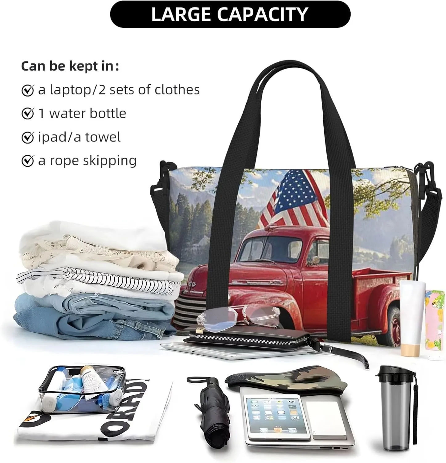 Gym Bag 4th Of July Patriotic Old Red Truck1 Duffel Bag for Men Women Travel Overnight Bag with Shoe Compartment Workout Bags