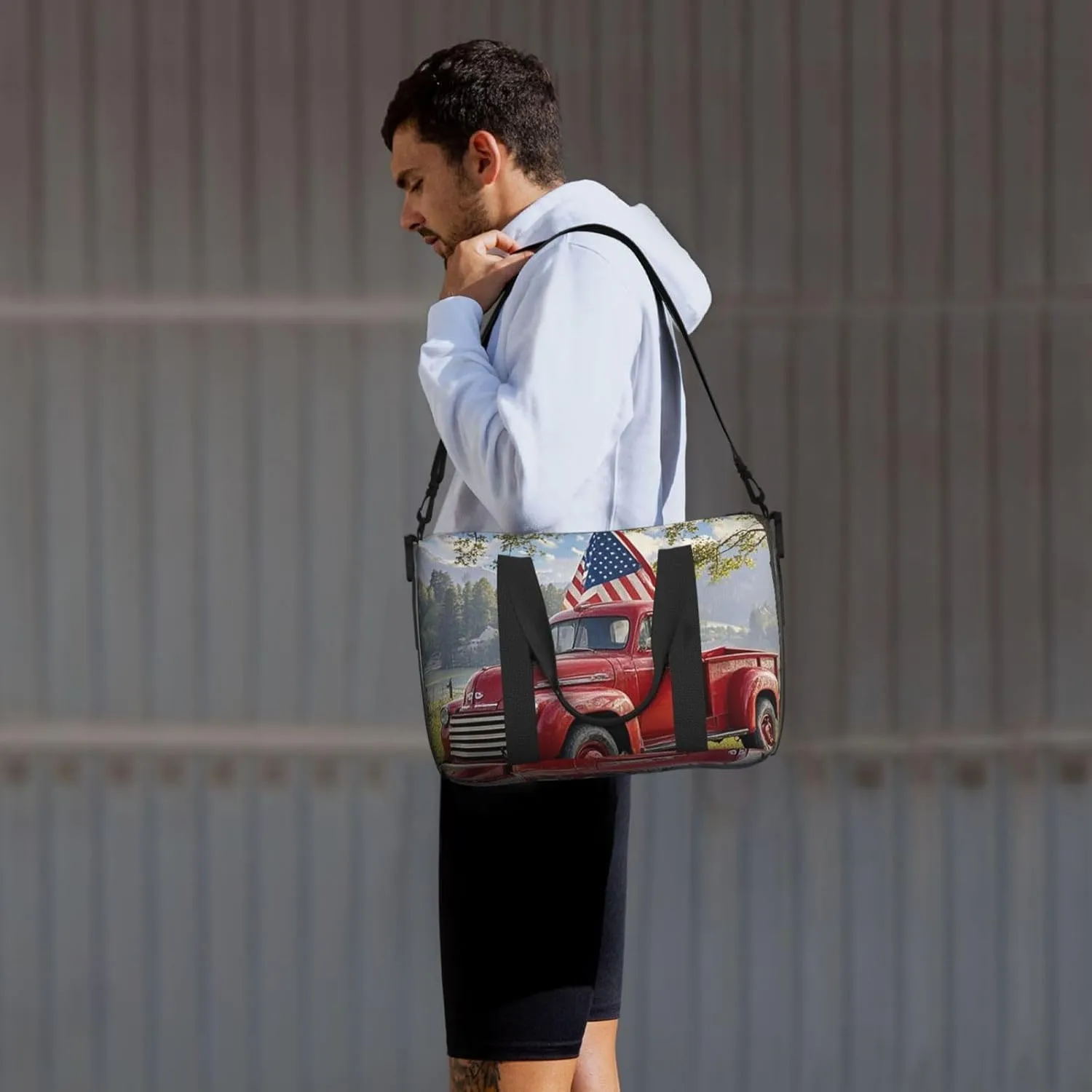 Gym Bag 4th Of July Patriotic Old Red Truck1 Duffel Bag for Men Women Travel Overnight Bag with Shoe Compartment Workout Bags