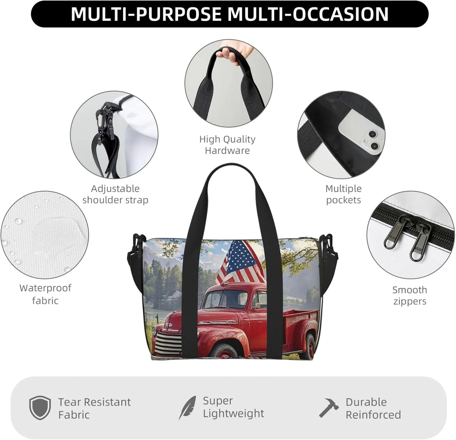 Gym Bag 4th Of July Patriotic Old Red Truck1 Duffel Bag for Men Women Travel Overnight Bag with Shoe Compartment Workout Bags