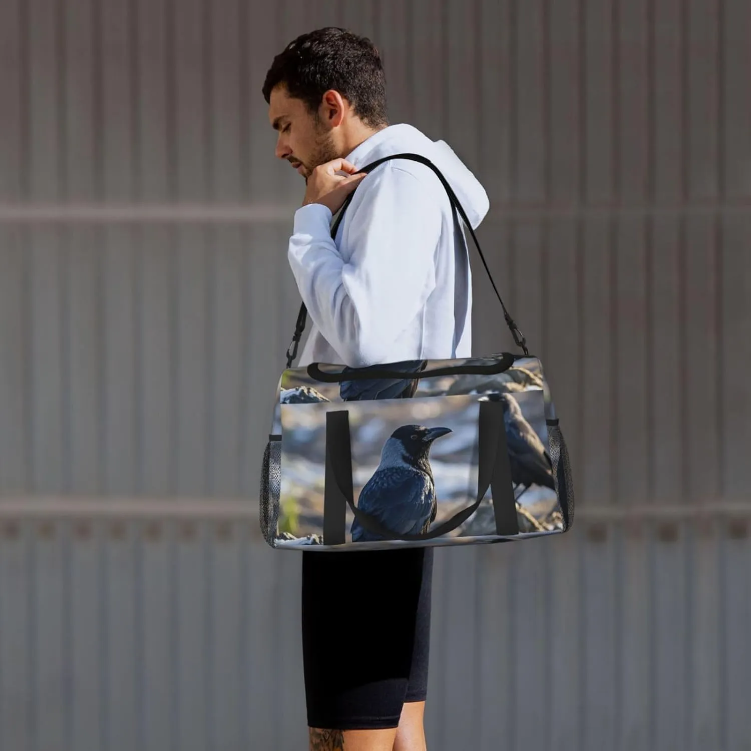 Gym Bag Black Crow Birds Duffel Bag for Men Women Travel Overnight Bag with Shoe Compartment Workout Bags
