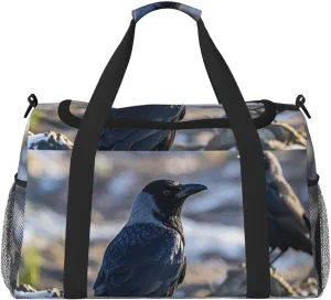 Gym Bag Black Crow Birds Duffel Bag for Men Women Travel Overnight Bag with Shoe Compartment Workout Bags