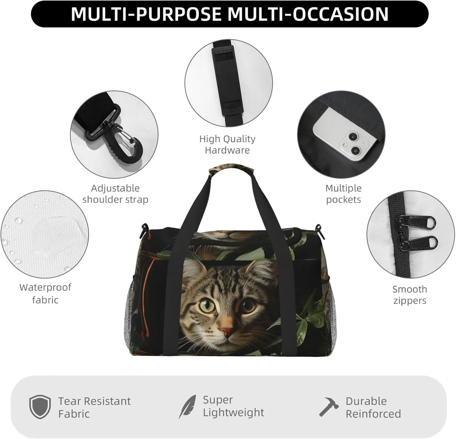 Gym Bag Cat in Bag Duffel Bag for Men Women Travel Overnight Bag with Shoe Compartment Workout Bags
